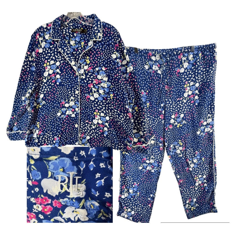 Lauren Ralph Lauren Pajama Sleep Set Womens XL Blue Floral Classic Loungewear